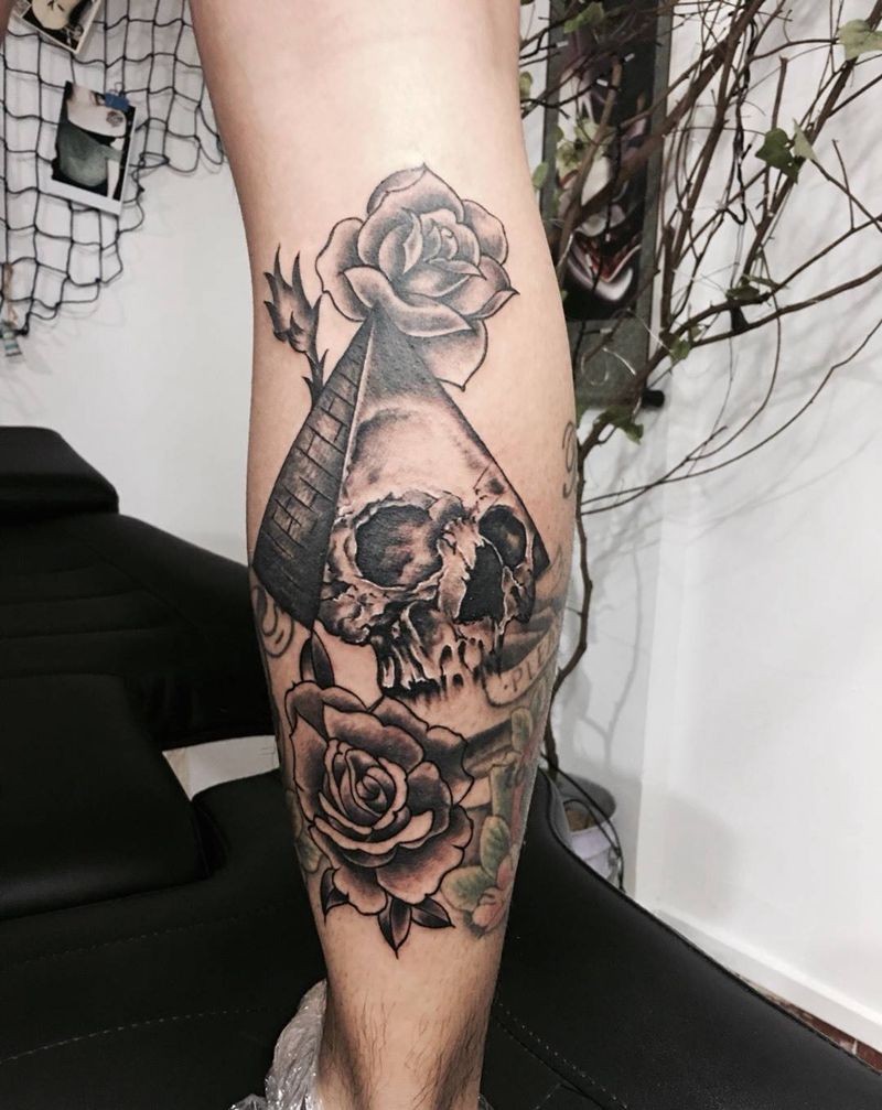 骷髅纹身图片_成品腿部欧美纹身图案