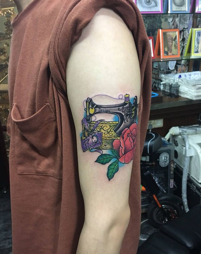 缝纫机纹身图片_成品手臂植物清新纹身图案
