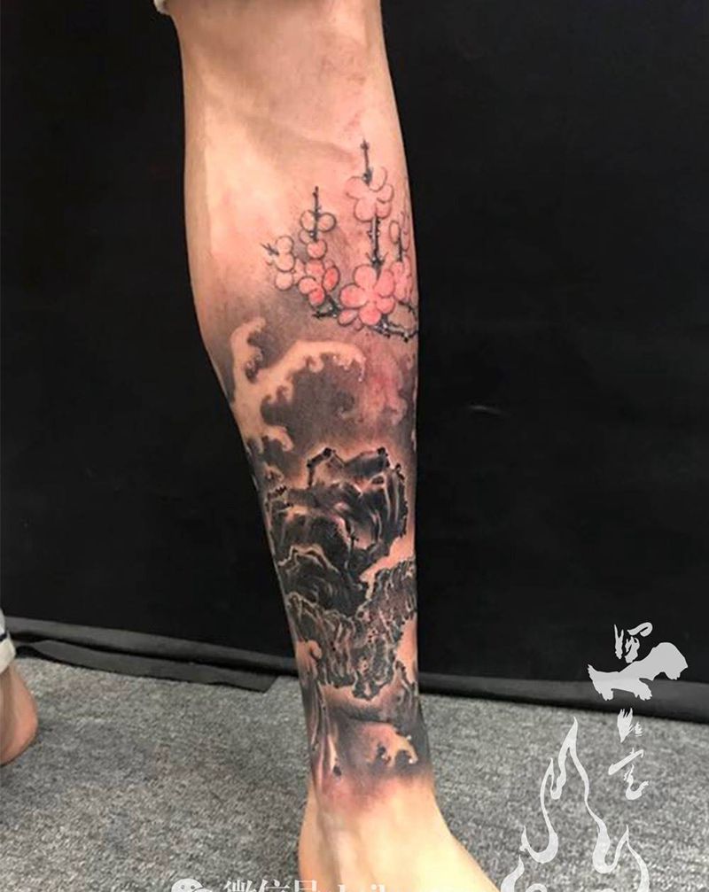 梅花纹身图片_成品脚部腿部传统国画植物原创宗教遮盖习俗纹身图案