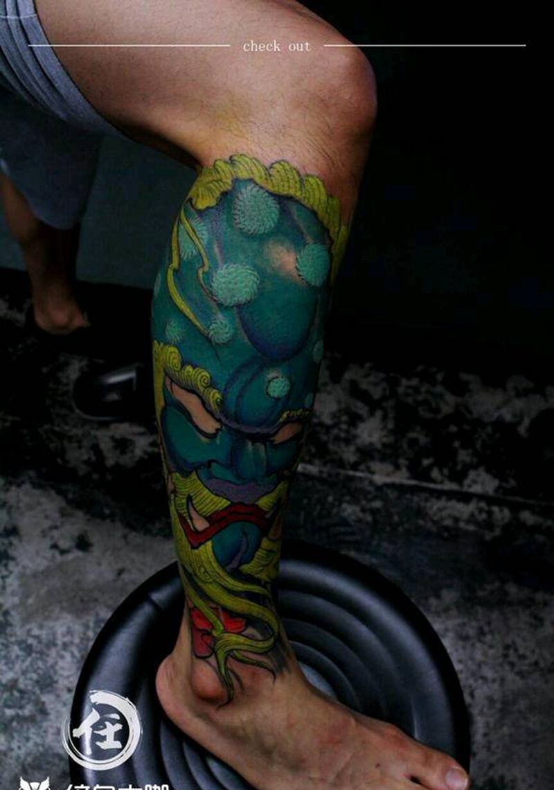 唐狮纹身图片_腿部新传统纹身图案