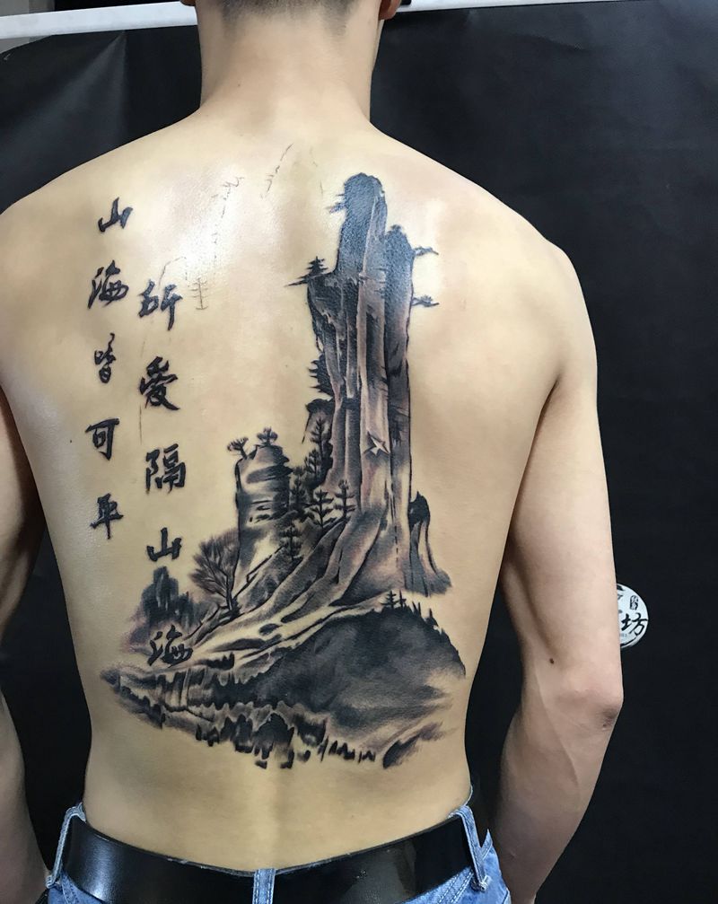 山水 半成品纹身图片_背部纹身图案