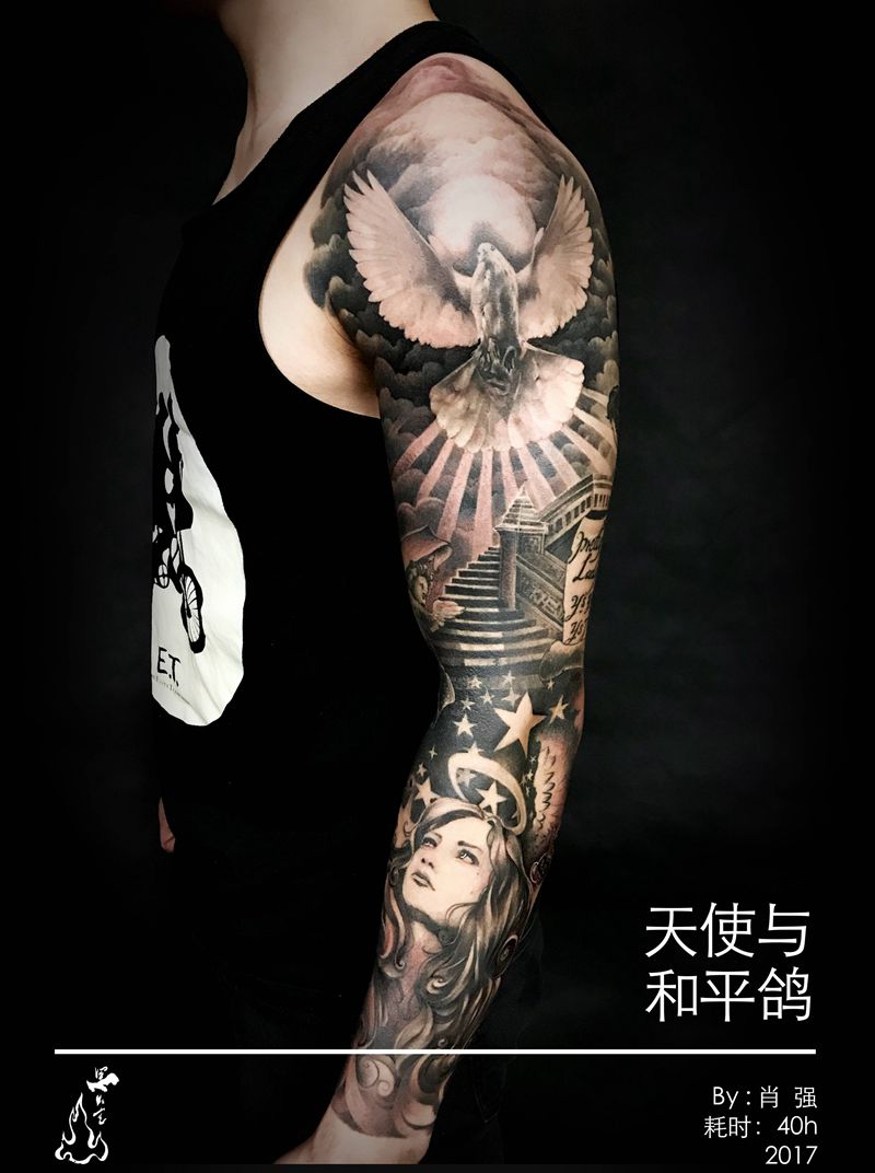 天使与和平鸽纹身图片_手臂欧美写实纹身图案