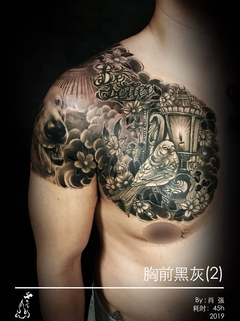 花胸纹身图片_胸部手部老传统欧美写实纹身图案