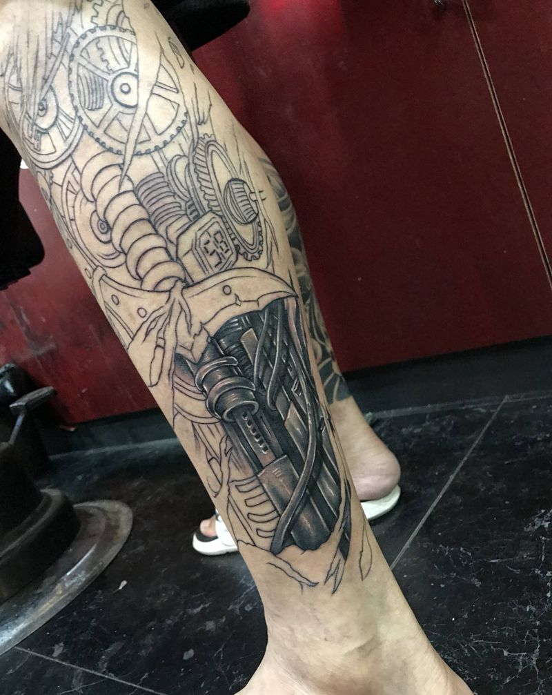 机械 半成品纹身图片_腿部纹身图案