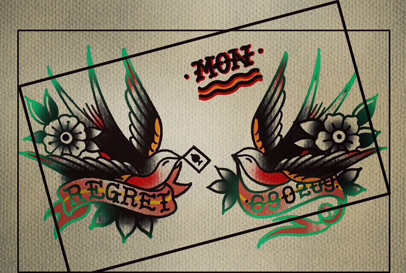 燕子纹身图片_肩部手臂Old School水彩燕子纹身图案