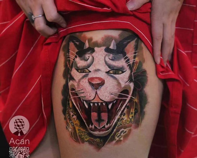 猫般若纹身图片_成品腿部欧美清新动物原创纹身图案