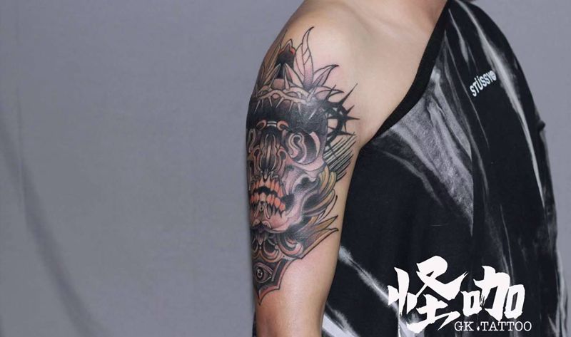 遮盖纹身图片_手臂New School骷髅纹身图案