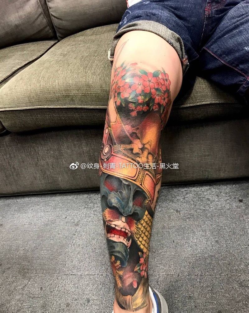 武士纹身图片_手稿脚部腿部传统欧美人物宗教原创鬼神纹身图案
