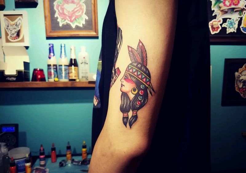 oldschool印第安女郎纹身图片_手臂欧美肖像人物鬼神宗教成品纹身图案
