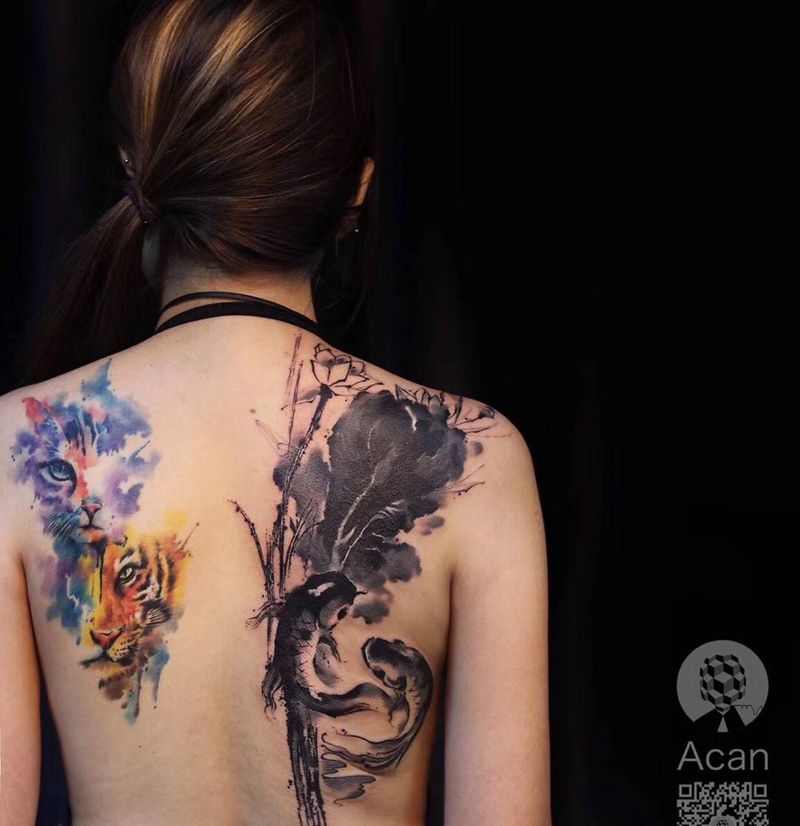 覆盖纹身纹身图片_成品背部原创动物国画纹身图案
