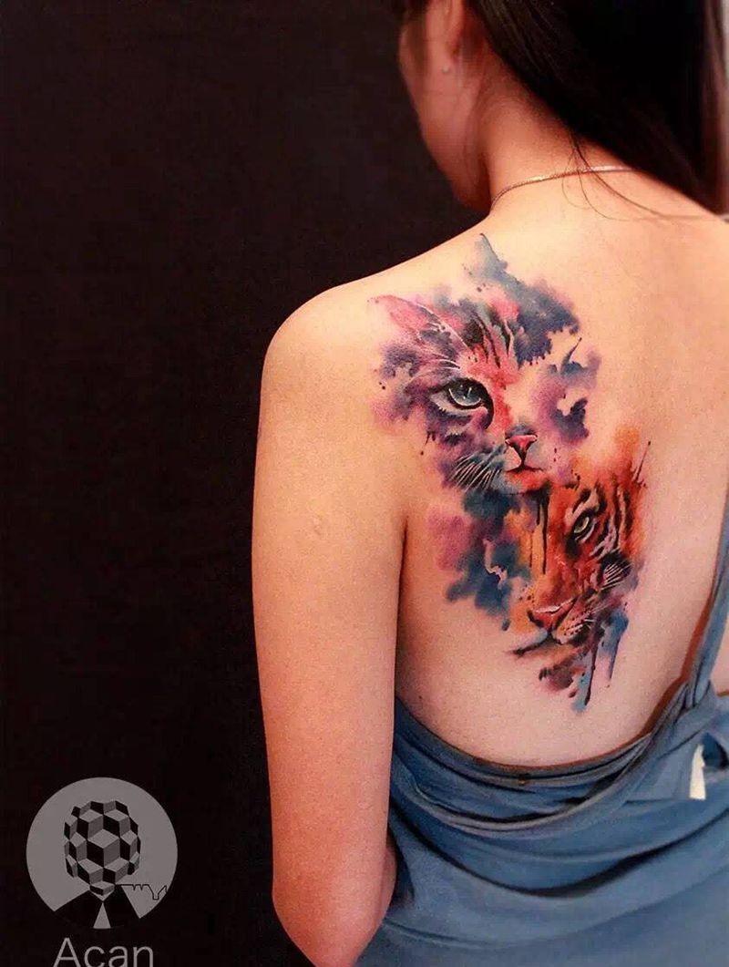 小作，大猫小猫纹身图片_成品肩部背部清新动物原创纹身图案