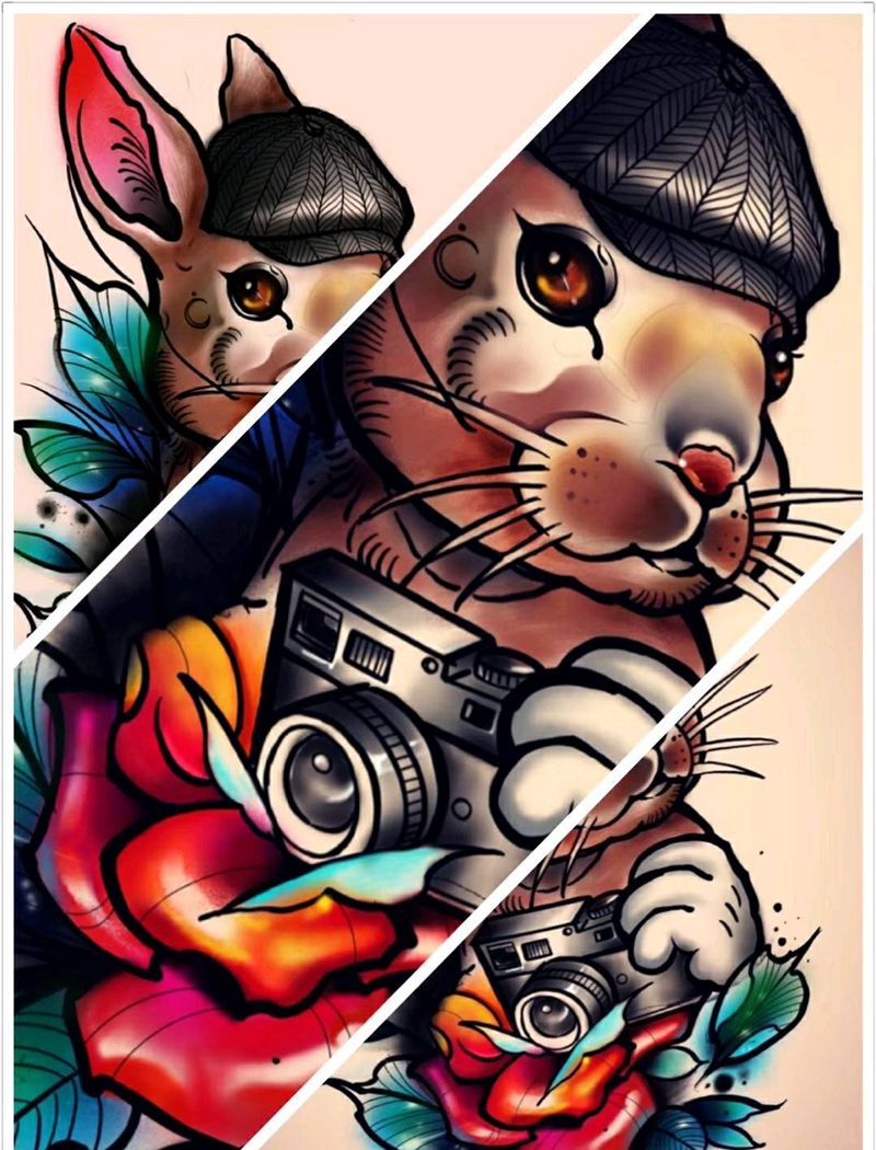 手持相机的兔子先生纹身图片_背部手臂腿部欧美肖像写实动物植物原创手稿纹身图案