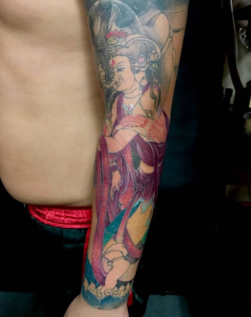 象神纹身图片_手部传统人物包臂纹身图案