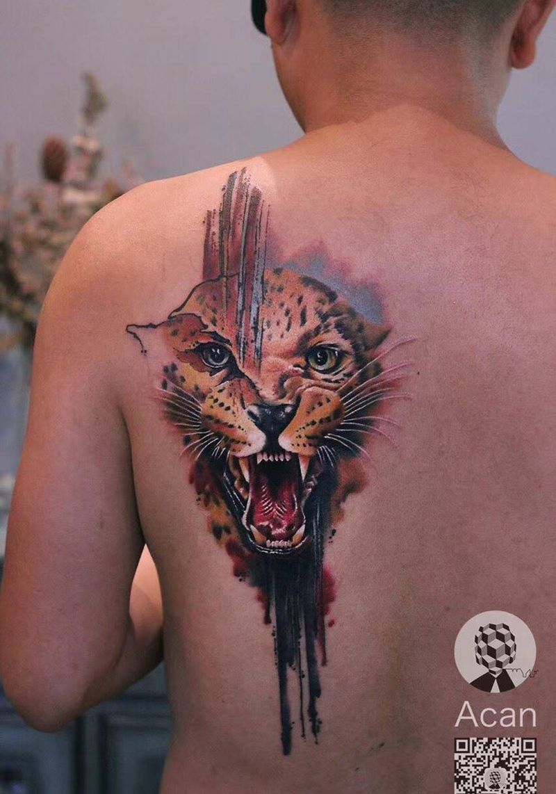 豹纹身图片_成品背部清新动物原创纹身图案