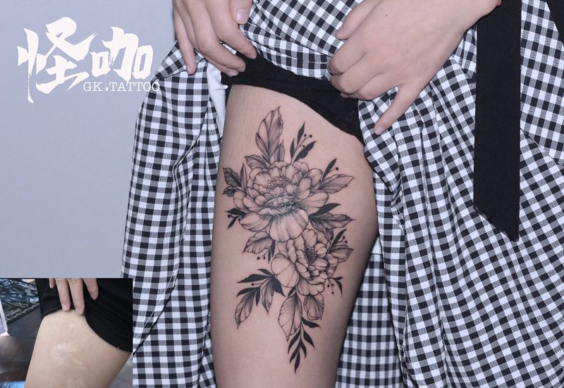 作品纹身图片_腿部点刺纹身图案