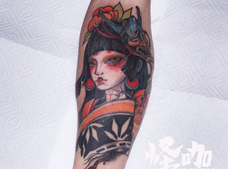 艺伎般若纹身图片_腿部手臂New School纹身图案