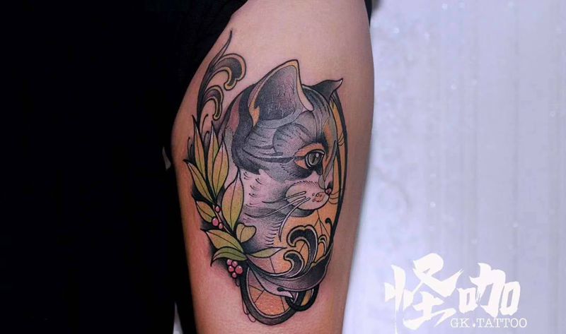 作品纹身图片_腿部New School纹身图案