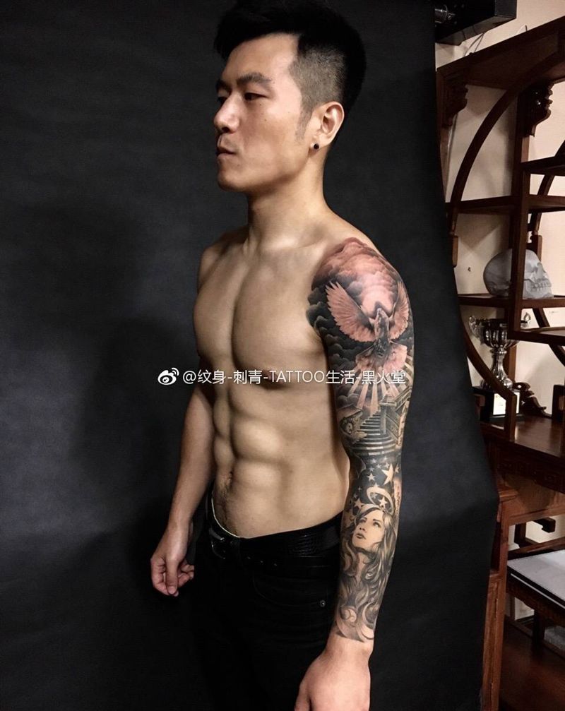 欧美花臂纹身图片_成品手稿插画手臂手部欧美传统写实肖像人物纹身图案