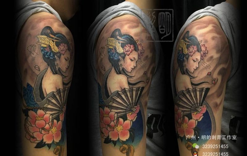 彩色艺妓纹身图片