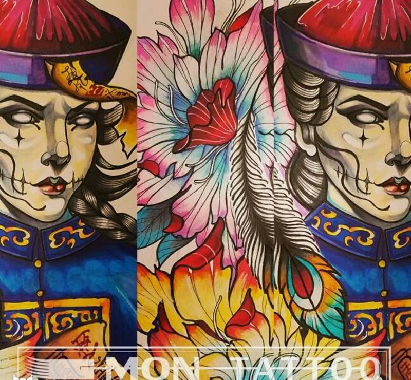 僵尸姑娘纹身图片_腿部欧美肖像人物植物鬼神原创成品手稿纹身图案