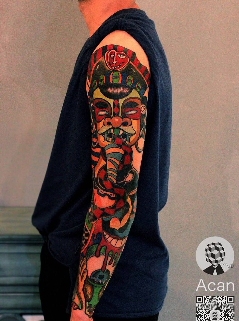 插画风格未完待续纹身图片_插画手臂原创人物宗教鬼神纹身图案