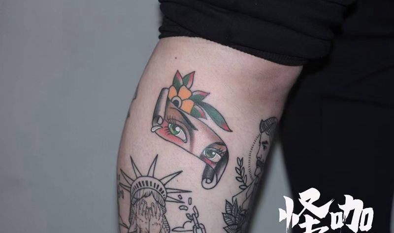 拼接花臂纹身图片_手臂Old SchoolNew School独角兽眼睛骷髅纹身图案