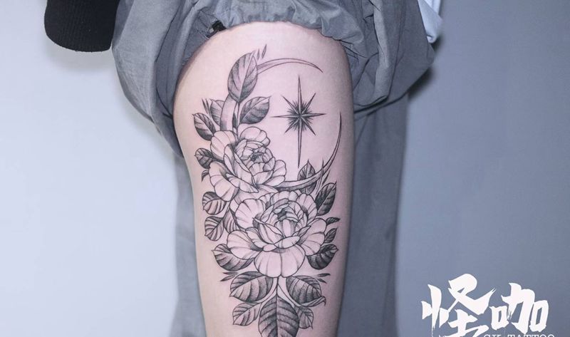 素花纹身图片_腿部月亮纹身图案