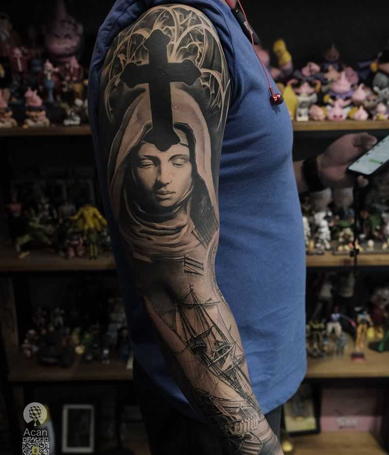 素描花臂纹身图片_欧美写实纹身图案