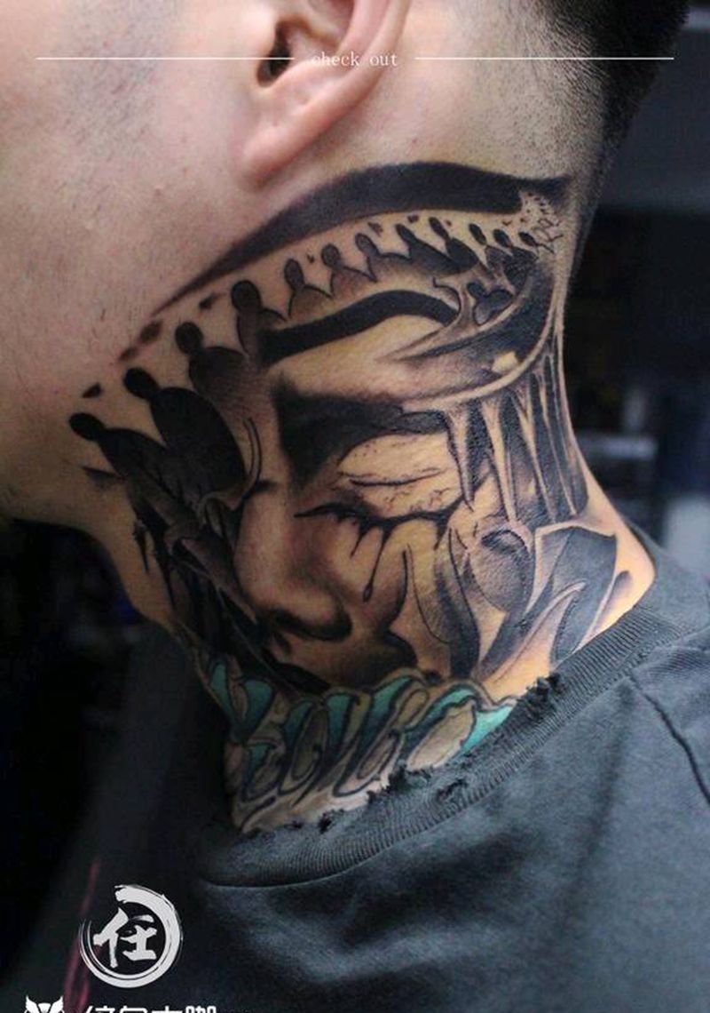 迷纹身图片_颈部纹身图案