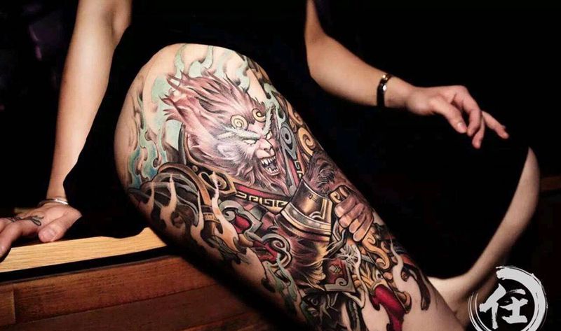 魔纹身图片_腿部新传统纹身图案