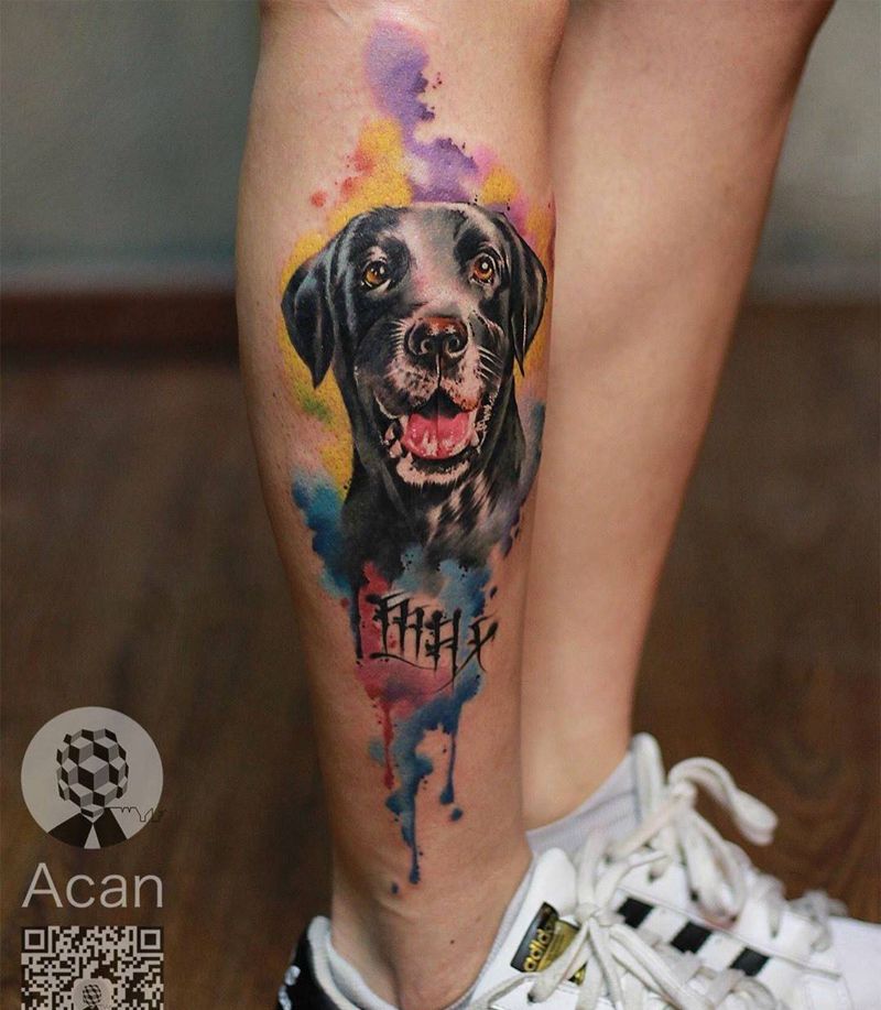 拉布拉多纹身图片_成品腿部欧美写实动物原创纹身图案