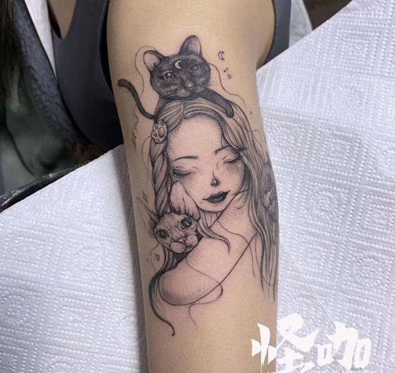 作品纹身图片_手臂猫少女写实纹身图案