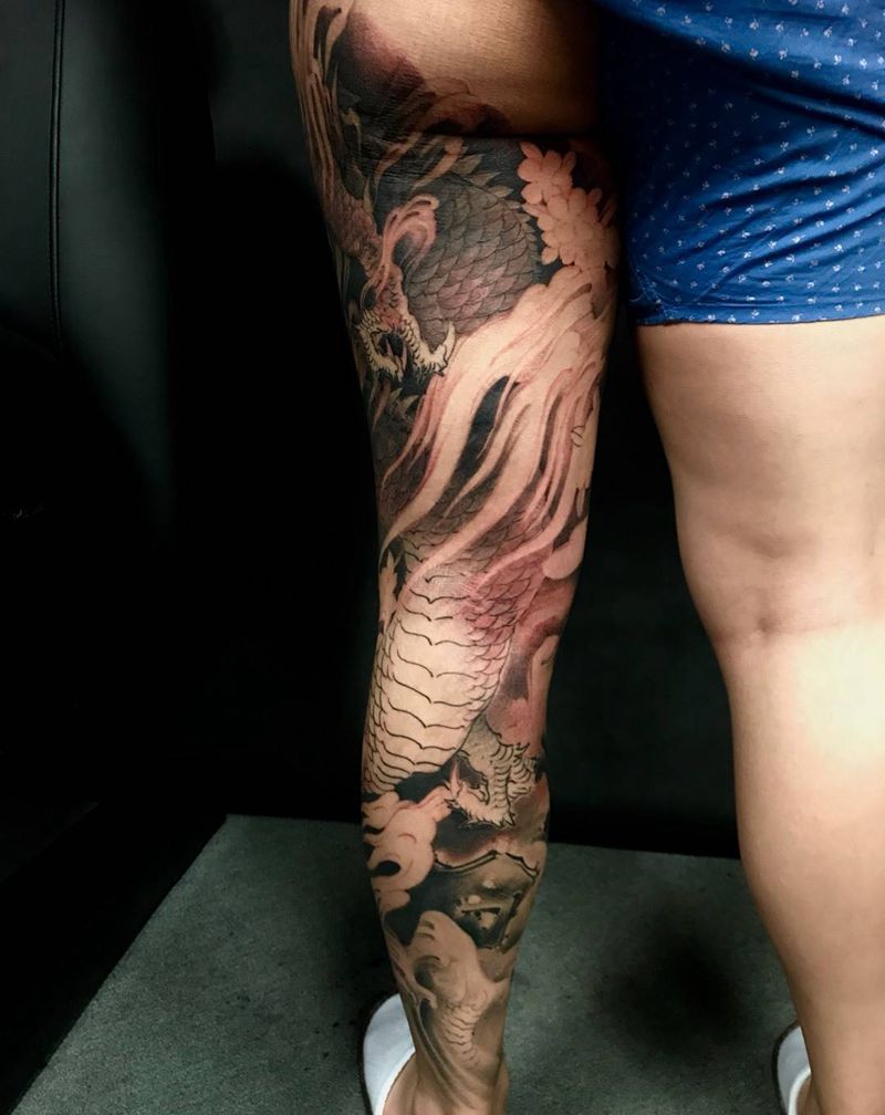 包全腿龙（未完待续纹身图片_腿部传统动物包整腿纹身图案