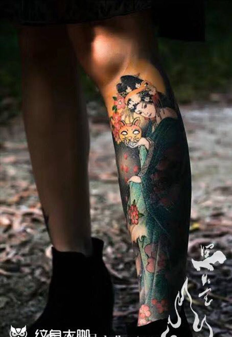 猫仙纹身图片_成品腿部脚部传统国画遮盖原创宗教人物手稿纹身图案