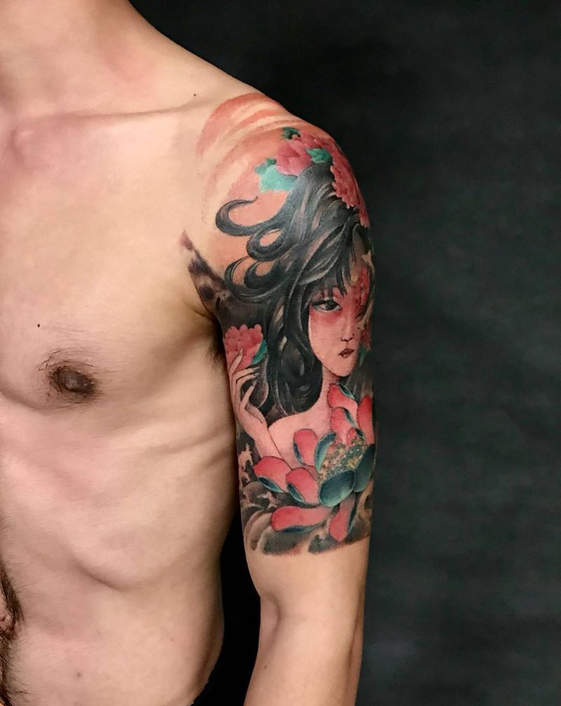 上臂传统风纹身图片_插画传统手臂人物原创纹身图案