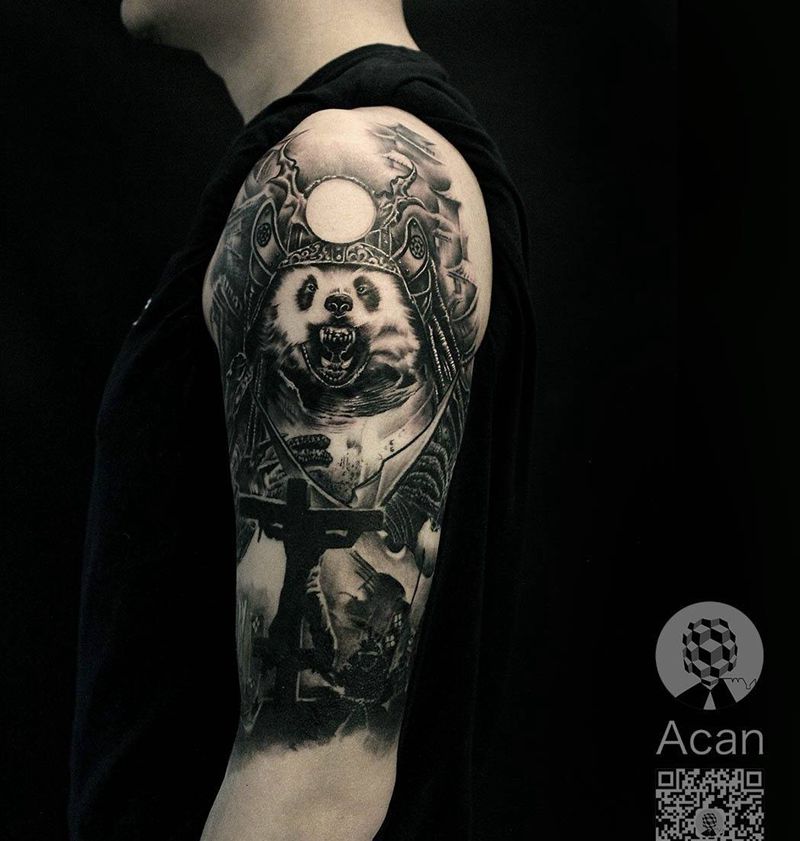 熊猫武士（未完成）纹身图片_手臂欧美写实动物原创纹身图案