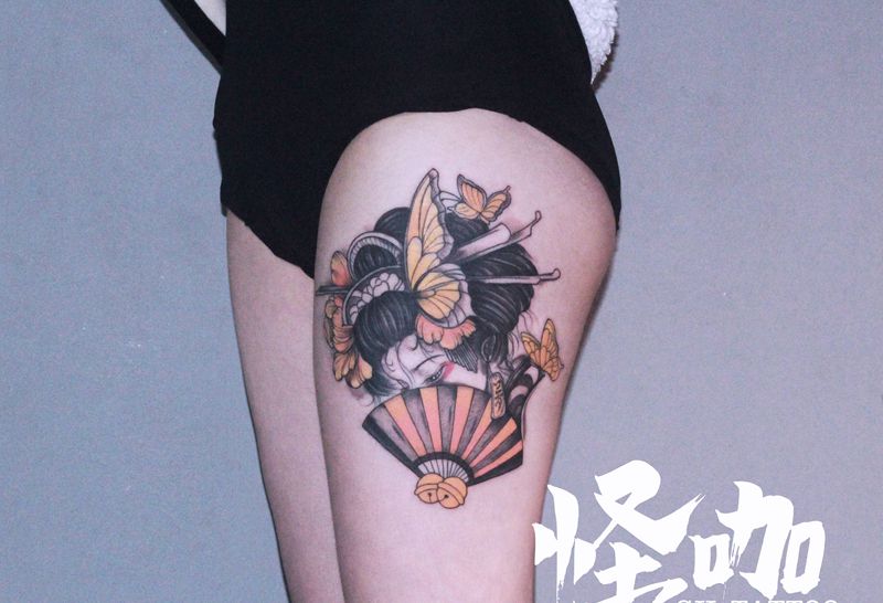 作品纹身图片_腿部New School艺伎蝴蝶纹身图案