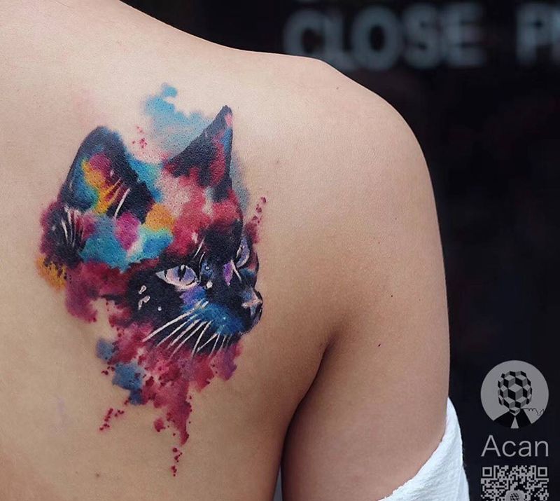 猫纹身图片_成品背部清新原创动物纹身图案