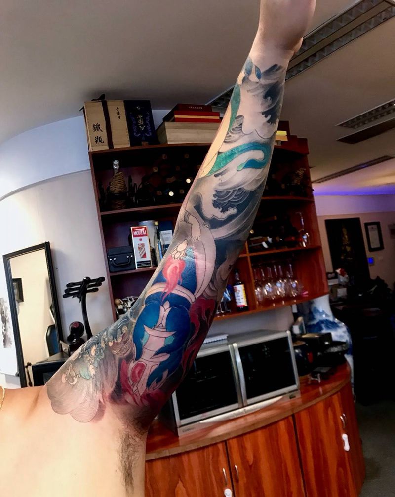 花臂内侧纹身图片_手臂传统包臂人物鬼神原创纹身图案