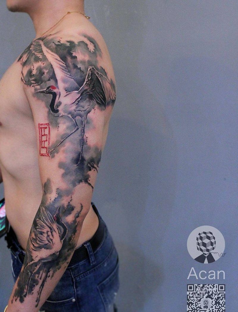 鹤纹身图片_成品手臂国画原创动物纹身图案