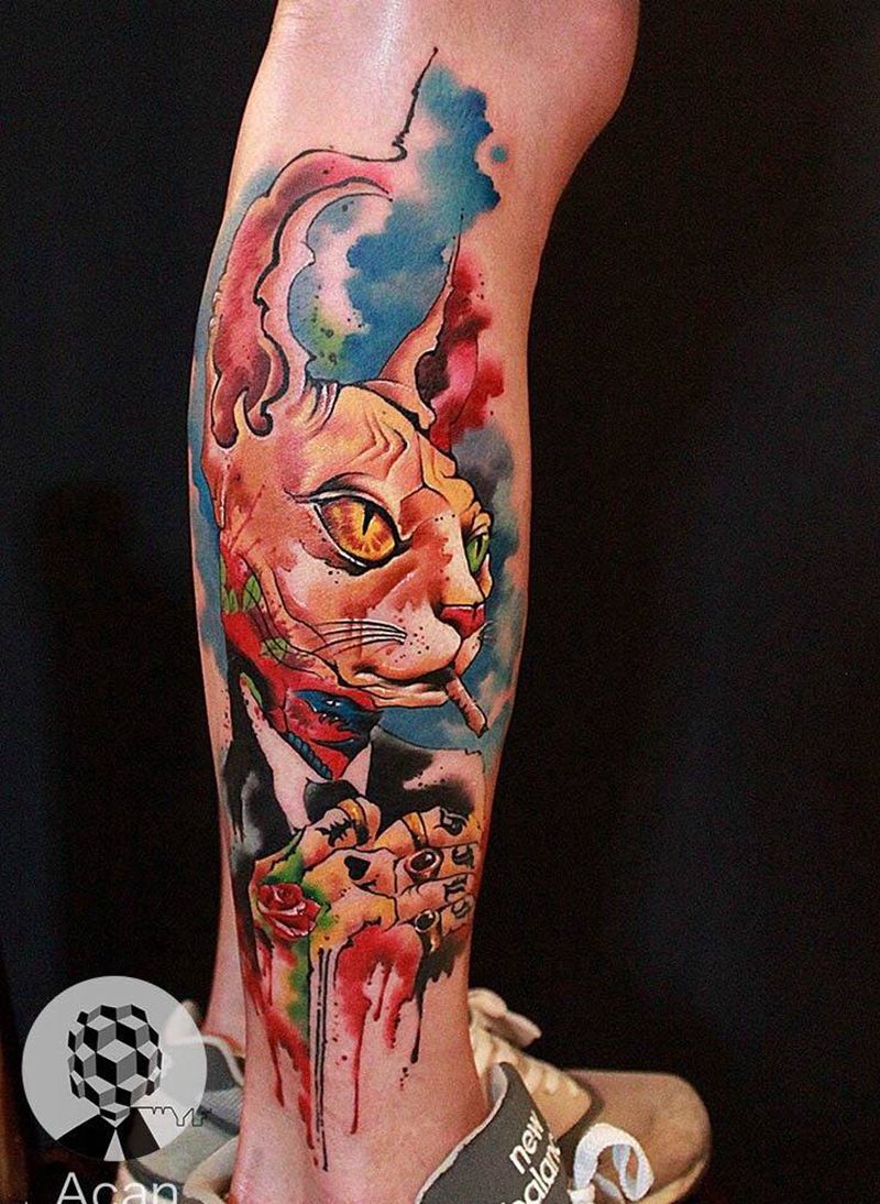 今日小作，又是猫纹身图片_成品腿部清新动物原创纹身图案