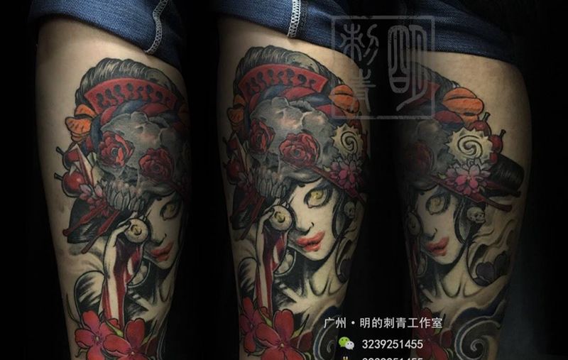 彩色艺妓纹身图片