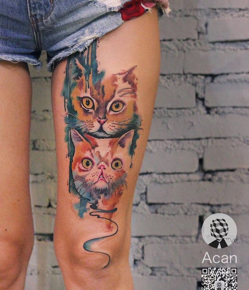 喵喵纹身图片_成品腿部清新原创动物纹身图案