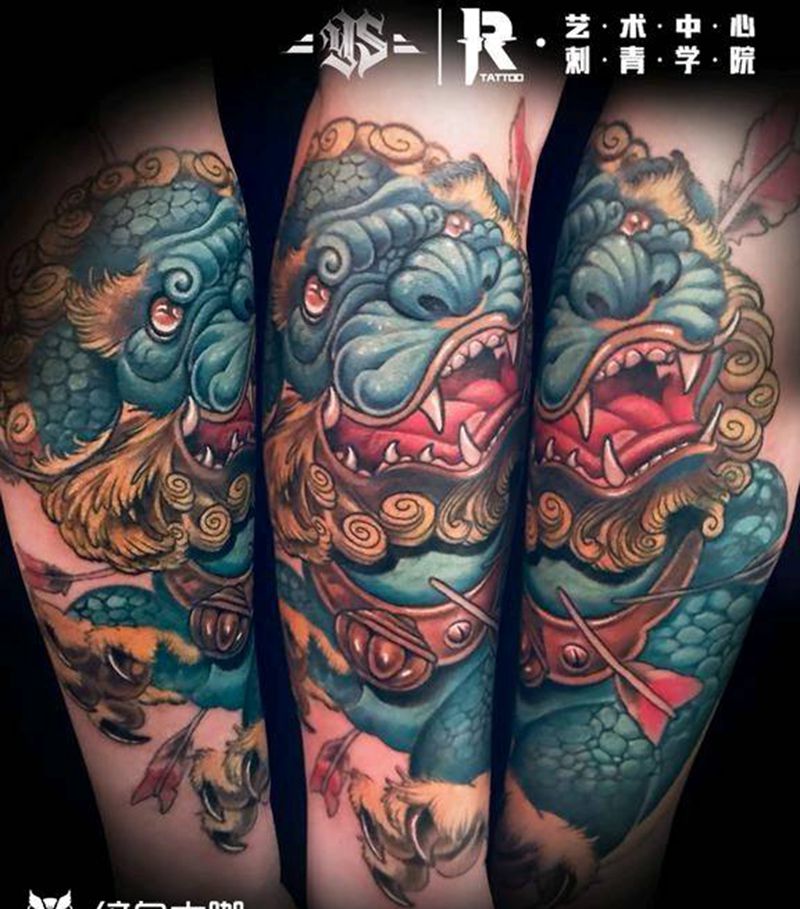 彩色唐狮纹身图片_手臂新传统唐狮纹身图案