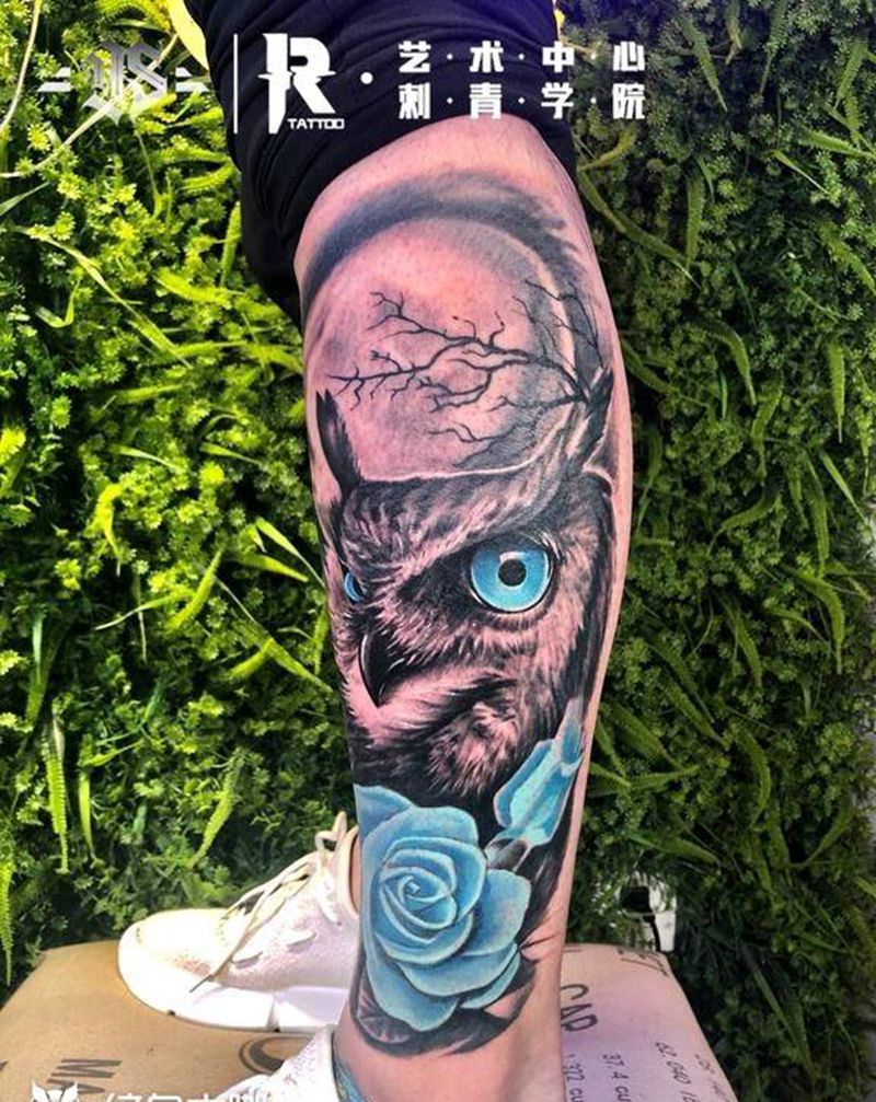 猫头鹰纹身图片_腿部欧美写实纹身图案