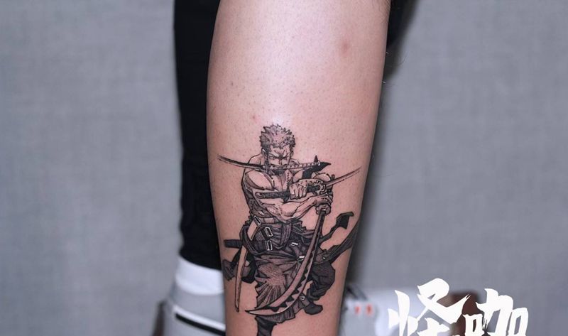 索隆纹身图片_腿部海贼王动漫纹身图案