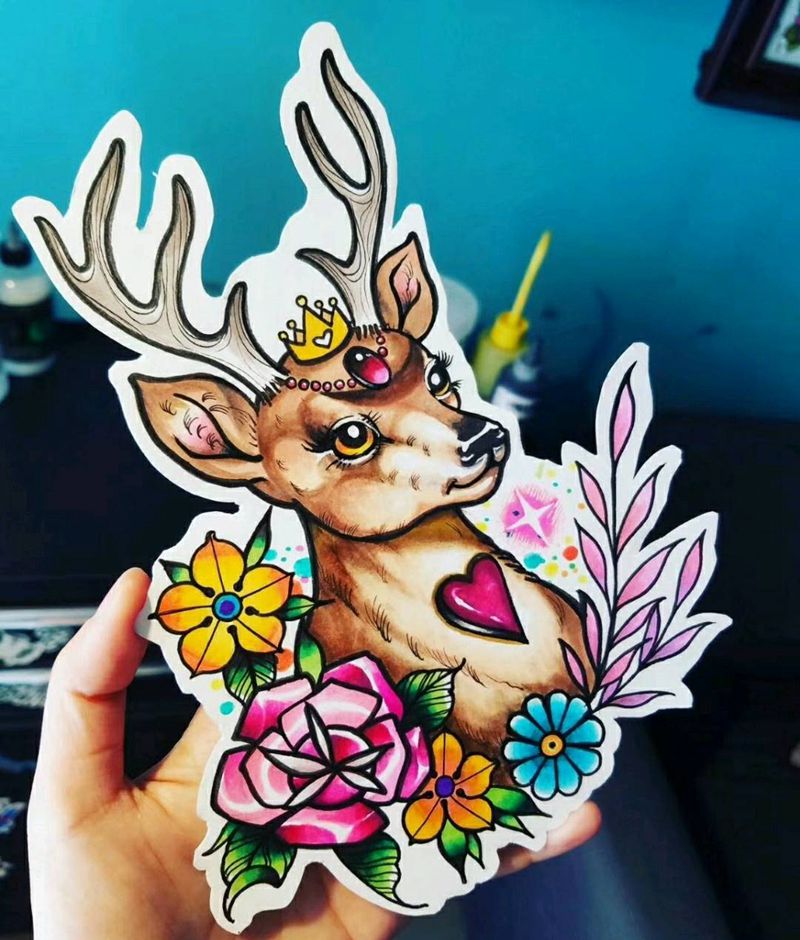 小鹿~纹身图片_肩部背部手臂腿部欧美肖像动物植物原创手稿纹身图案