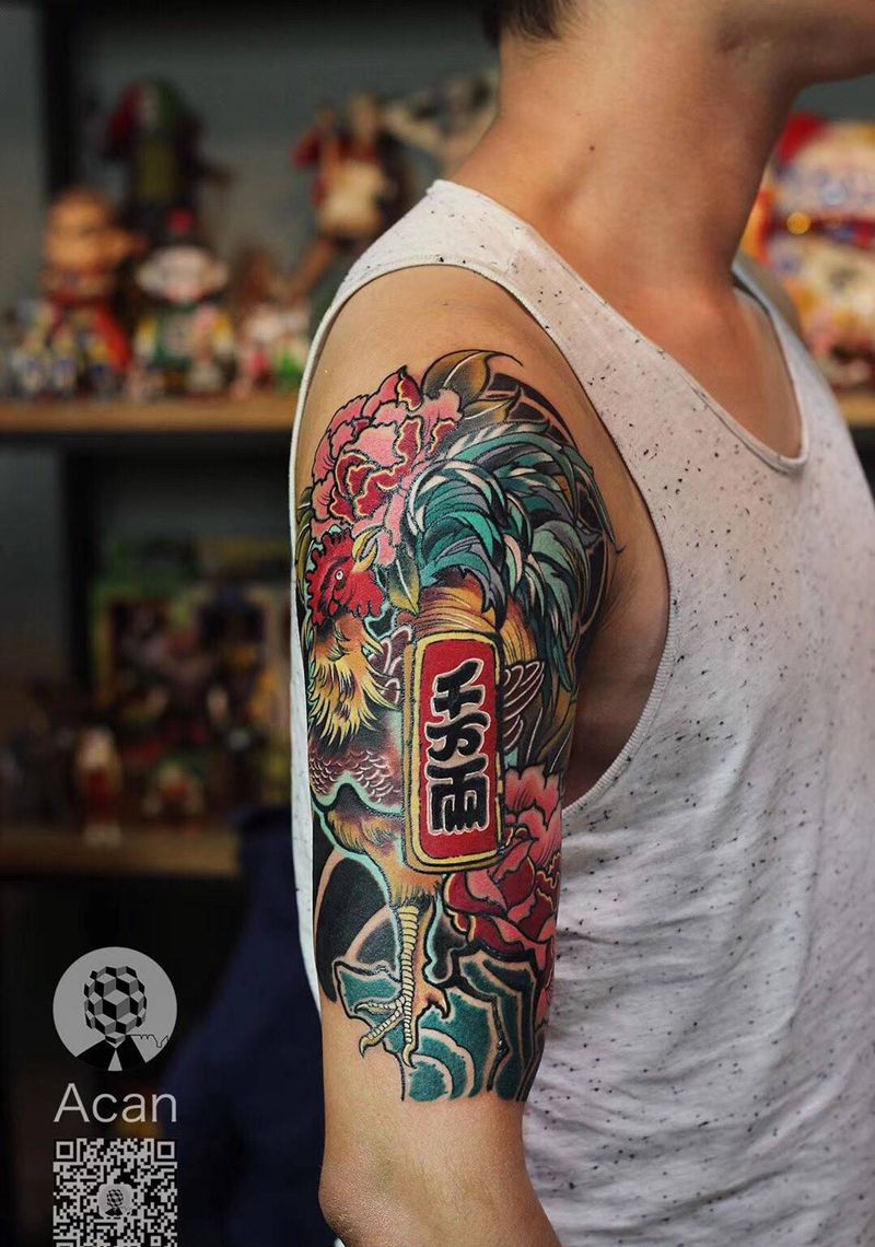 招财鸡纹身图片_成品手臂欧美动物原创纹身图案