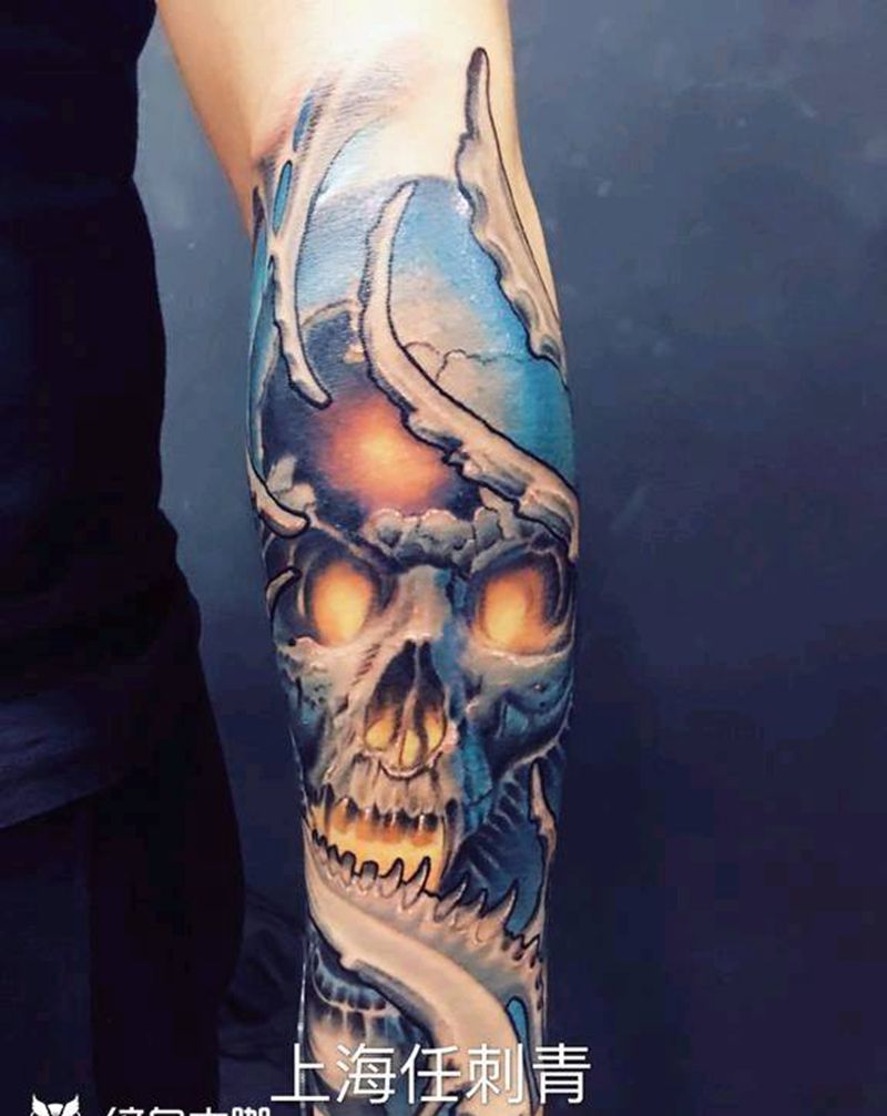 骷髅纹身图片_手臂欧美写实纹身图案