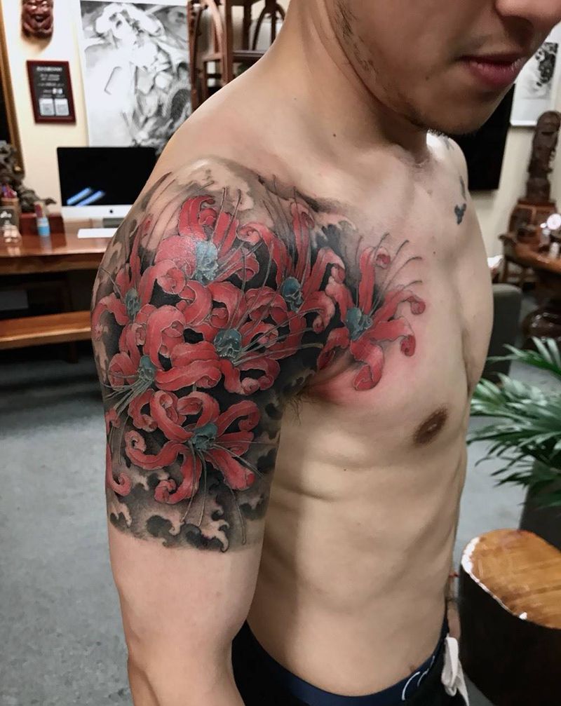 彼岸花纹身图片_成品手部手臂传统国画原创写实手稿肩部欧美纹身图案